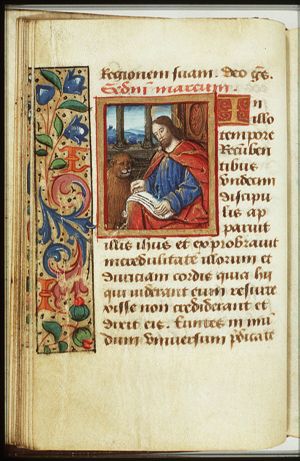 The Evangelist St. Mark writing, with his symbol the lion