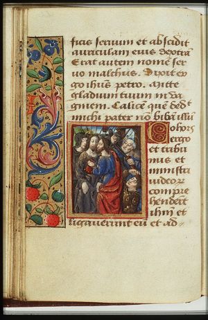 The arrest of Christ: the kiss of Judas; the ear of Malchus cut off by St. Peter