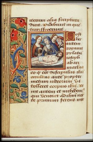 Lamentation: the dead Christ lamented by St. Mary, St. John, St. Mary Magdalene and Joseph of Arimathaea