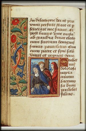 Mary swooning at the foot of the cross, supported by St. John the Evangelist; St. Mary Magdalene