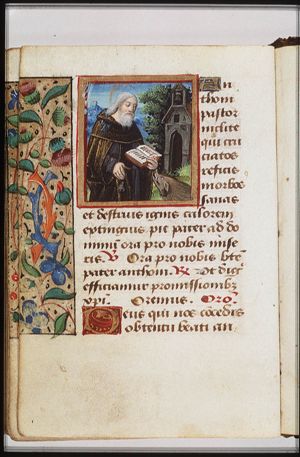 St. Antony Abbot of Egypt holding a bell and a book, with a pig