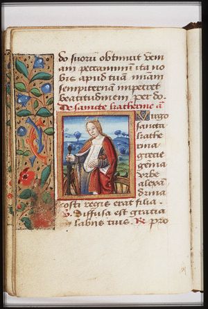 St. Catherine of Alexandria holding a sword, with a wheel at her feet