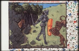 Hercules fights two lions