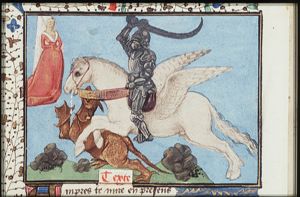 Perseus, riding on Pegasus, kills the dragon to rescue Andromeda