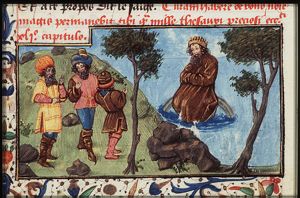 Jupiter, sitting on a rainbow, looks at three men standing below