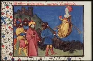 Venus, sitting on a rainbow, with her devotees who offer their hearts to her