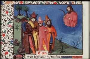 Saturn, holding a sickle, looks upon four wise men standing below