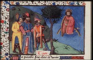 Apollo, sitting on a rainbow, plays the harp for three men standing below