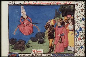 Phoebe, sitting on a rainbow with bow and arrow, looks upon people below her