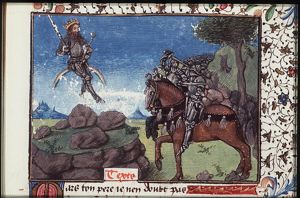 Mars, sitting on a rainbow with a sword and a sceptre, excites men to war