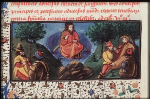 Mercury, sitting on a rainbow, influences the speech of the learned men below
