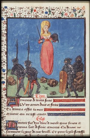 Minerva, inventor of armour, gives it to soldiers
