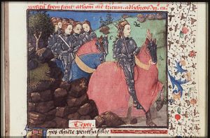 Penthesilea and her Amazons ride through a forest to aid the Trojans