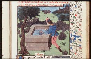 Narcissus looks at his reflection in a fountain