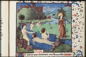 Latona turns four bathers into frogs for muddying the water she wishes to drink