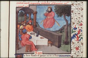 Bacchus, sitting on a rainbow, drinks wine before men at a dinner table