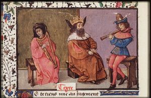 Midas, with donkey's ears, judges the contest between Apollo and Pan