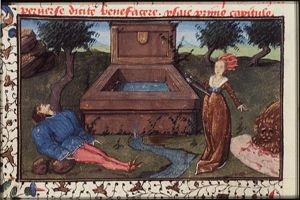Thisbe stabs herself on finding Pyramus dead; the lion with Thisbe's kerchief