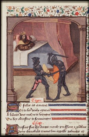 Adrastus, king of Argos, asleep; fight between Polynices and Tydeus
