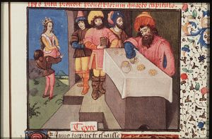 Juno, goddess of wealth, holding a purse and four misers with their coins