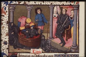 Tomyris, queen of the Amazons, has King Cyrus put into a bucket with blood