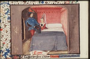 Medea, who sits on her bed, hands a casket to Jason