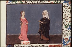 Juno, as an old woman, gives bad advice to Semele who is loved by Jupiter