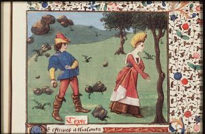 Mercury brings the golden apple to Paris with Juno, Minerva and Venus looking on