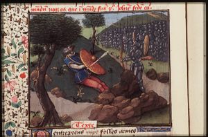 Ajax, fighting with one arm uncovered, is shot by an enemy arrow