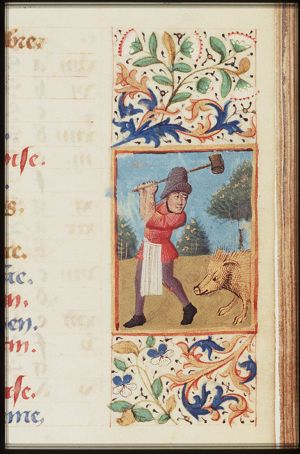 December: a man slaughtering a pig