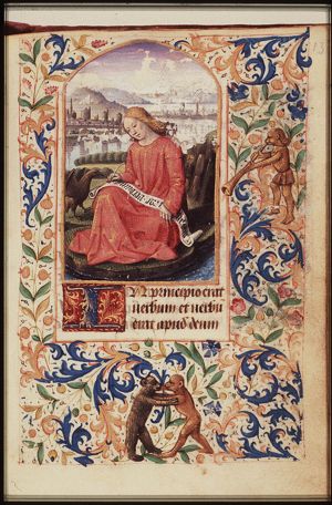 The Evangelist St. John writing on the island of Patmos, with his symbol the eagle