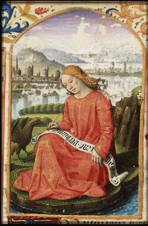 The Evangelist St. John writing on the island of Patmos, with his symbol the eagle