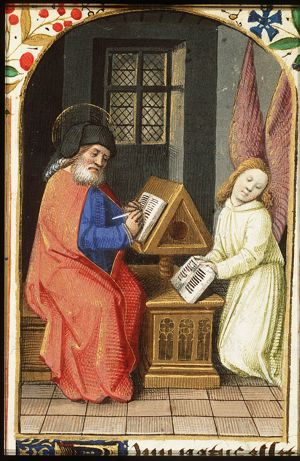 The Evangelist St. Matthew writing, with his symbol the angel