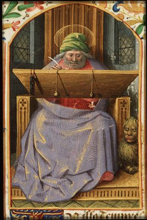 The Evangelist St. Mark writing, with his symbol the lion
