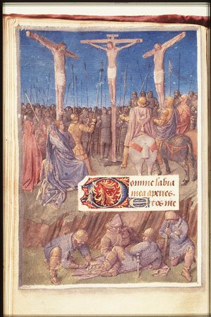 The Crucifixion, with Mary, St. John, the two malefactors, Stephaton offering Christ vinegar on a sponge attached to a lance, and a crowd of soldiers