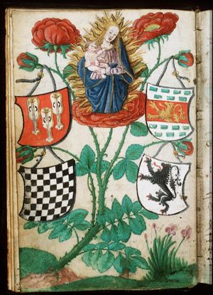Madonna: Mary holding the Christ-child, in a rose-bush