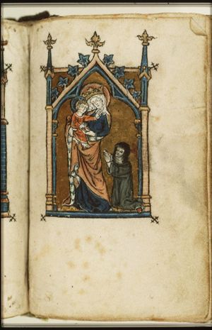 Madonna: Mary holding the Christ-child, with a kneeling nun (donor)