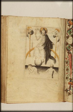 The Last Judgement: Christ on a rainbow raises the dead; trumpeting angels
