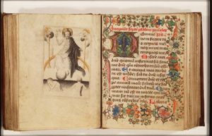 The Last Judgement: Christ on a rainbow raises the dead; trumpeting angels