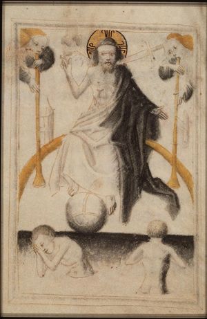 The Last Judgement: Christ on a rainbow raises the dead; trumpeting angels