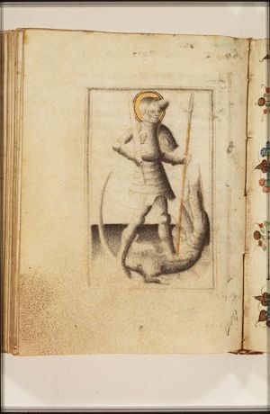 St. George holding a sword and a spear, standing on the dragon