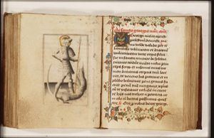 St. George holding a sword and a spear, standing on the dragon