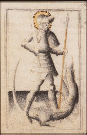 St. George holding a sword and a spear, standing on the dragon