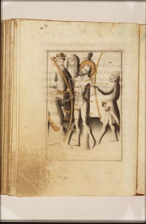 The martyrdom of St. Sebastian: tied to a tree, he is pierced by arrows