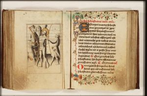 The martyrdom of St. Sebastian: tied to a tree, he is pierced by arrows