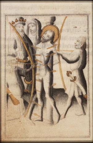 The martyrdom of St. Sebastian: tied to a tree, he is pierced by arrows