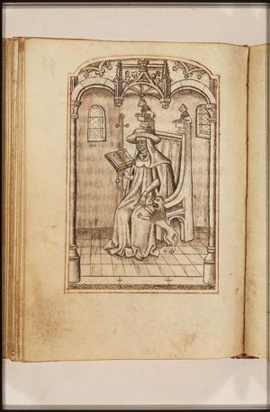 St. Jerome, as a cardinal, seated, with an open book, pulling a thorn out of the paw of a lion