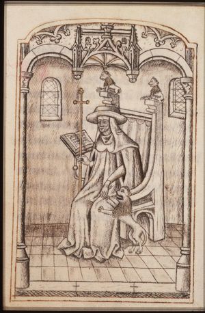 St. Jerome, as a cardinal, seated, with an open book, pulling a thorn out of the paw of a lion