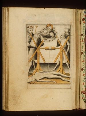 The martyrdom of St. Erasmus of Formiae: his bowels are wound on to a windlass