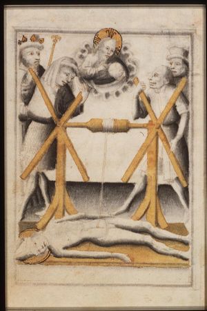 The martyrdom of St. Erasmus of Formiae: his bowels are wound on to a windlass
